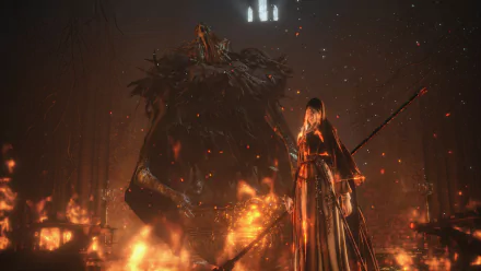 HD PC wallpaper featuring Friede and Ariandel from the video game Dark Souls III, set against a dark, fiery background evoking intense atmosphere.