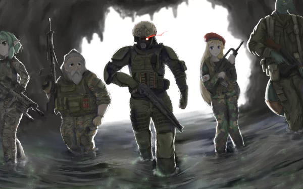 HD wallpaper of Goblin Slayer characters in military gear, featuring Dwarf Shaman, Lizard Priest, High Elf Archer, and Priestess, set in a dimly lit cave.