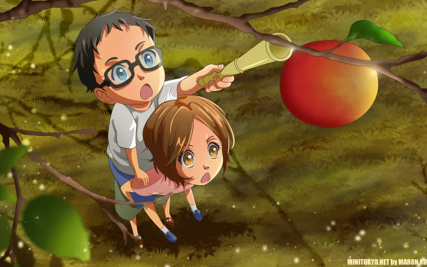 4K UHD PC desktop anime wallpaper: Kousei Arima (with glasses) and Tsubaki Sawabe reaching for a large red apple on a sunlit branch, Your Lie in April.