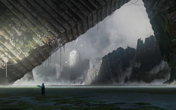 HD anime wallpaper featuring a lone figure in a post-apocalyptic landscape with looming, broken structures and a misty, desolate atmosphere.