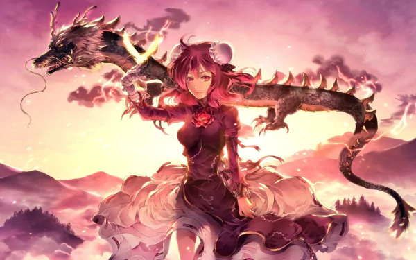 HD PC desktop wallpaper featuring Kasen Ibaraki from Touhou, depicted with a glowing dragon against a vibrant sunset anime-style background.