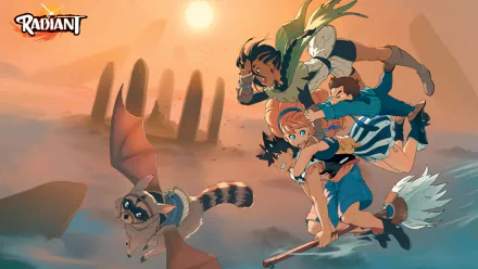 HD PC desktop wallpaper featuring Doc, Mister Bobley, Mélie, and Seth from the anime Radiant, set against a warm sunset with a giant hand silhouette in the background.