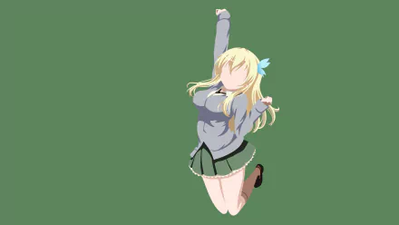 4K Ultra HD anime wallpaper featuring Sena Kashiwazaki from Boku Wa Tomodachi Ga Sukunai, depicted mid-jump in her school uniform against a solid green background.
