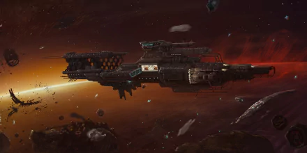 HD PC desktop wallpaper featuring a detailed sci-fi spaceship navigating an asteroid field against a dark, cosmic background.