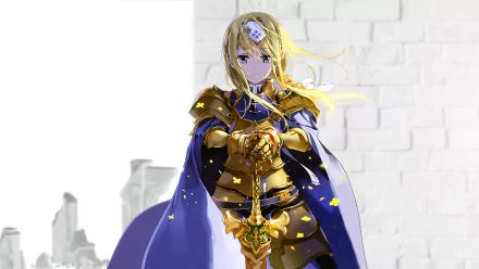 HD desktop wallpaper of Alice Zuberg from Sword Art Online: Alicization, featuring her in golden armor and a blue cloak, holding a sword, with long blonde hair.