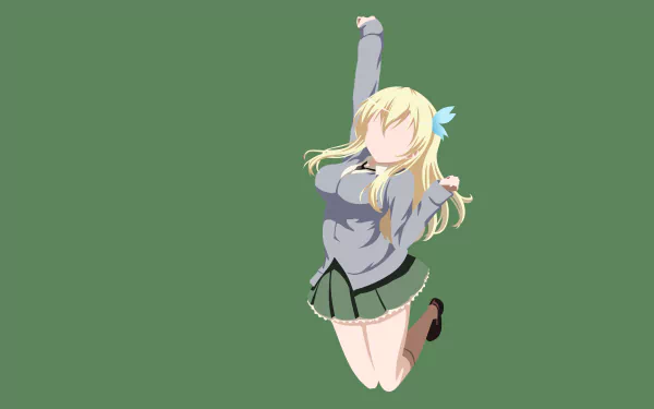 4K Ultra HD anime wallpaper featuring Sena Kashiwazaki from Boku Wa Tomodachi Ga Sukunai, depicted mid-jump in her school uniform against a solid green background.