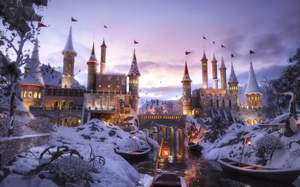 A stunning fantasy castle at dusk with tall spires and glowing windows, set in a snowy landscape along a serene river, captured in 4K Ultra HD for PC desktop wallpaper.