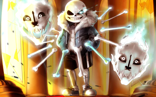 HD desktop wallpaper of Sans from Undertale, a video game. Sans, wearing his classic hoodie, stands confidently with glowing skulls and bones around him, set against a grand, golden background.