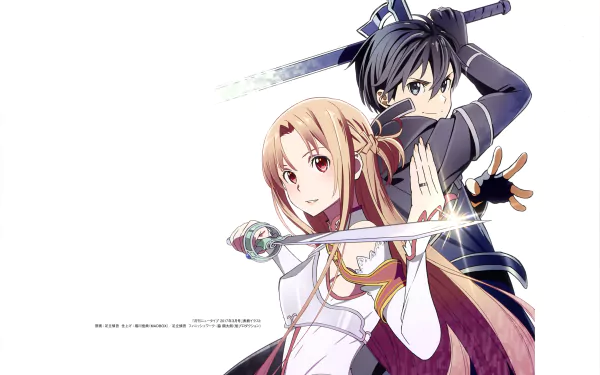 Kirito and Asuna from Sword Art Online pose ready for battle in this vibrant 4K Ultra HD anime desktop wallpaper.