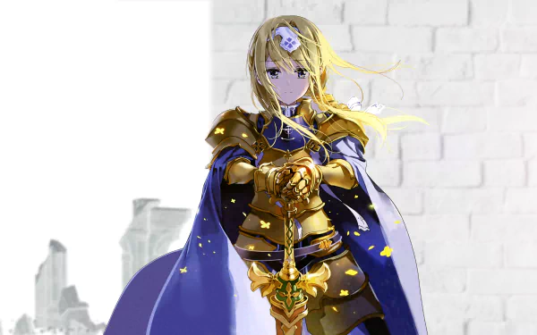 HD desktop wallpaper of Alice Zuberg from Sword Art Online: Alicization, featuring her in golden armor and a blue cloak, holding a sword, with long blonde hair.