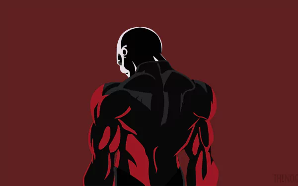 HD PC desktop wallpaper of Jiren (Dragon Ball) from Dragon Ball Super — muscular back turned, black silhouette with red highlights on a maroon background.