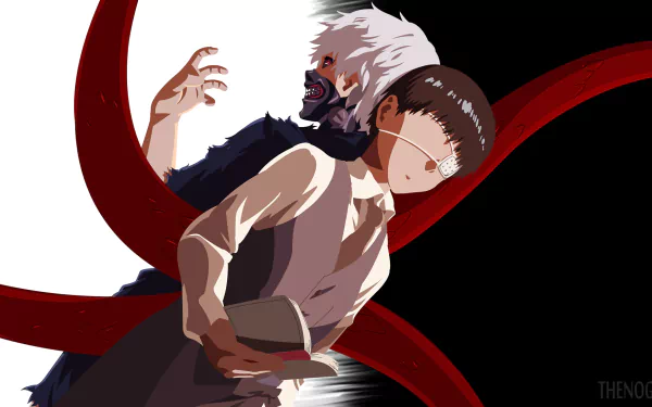 HD desktop wallpaper of Ken Kaneki — brown-haired eyepatch holding a book and tie, and white-haired ghoul with a red eye and unfolding kagune (Tokyo Ghoul series).