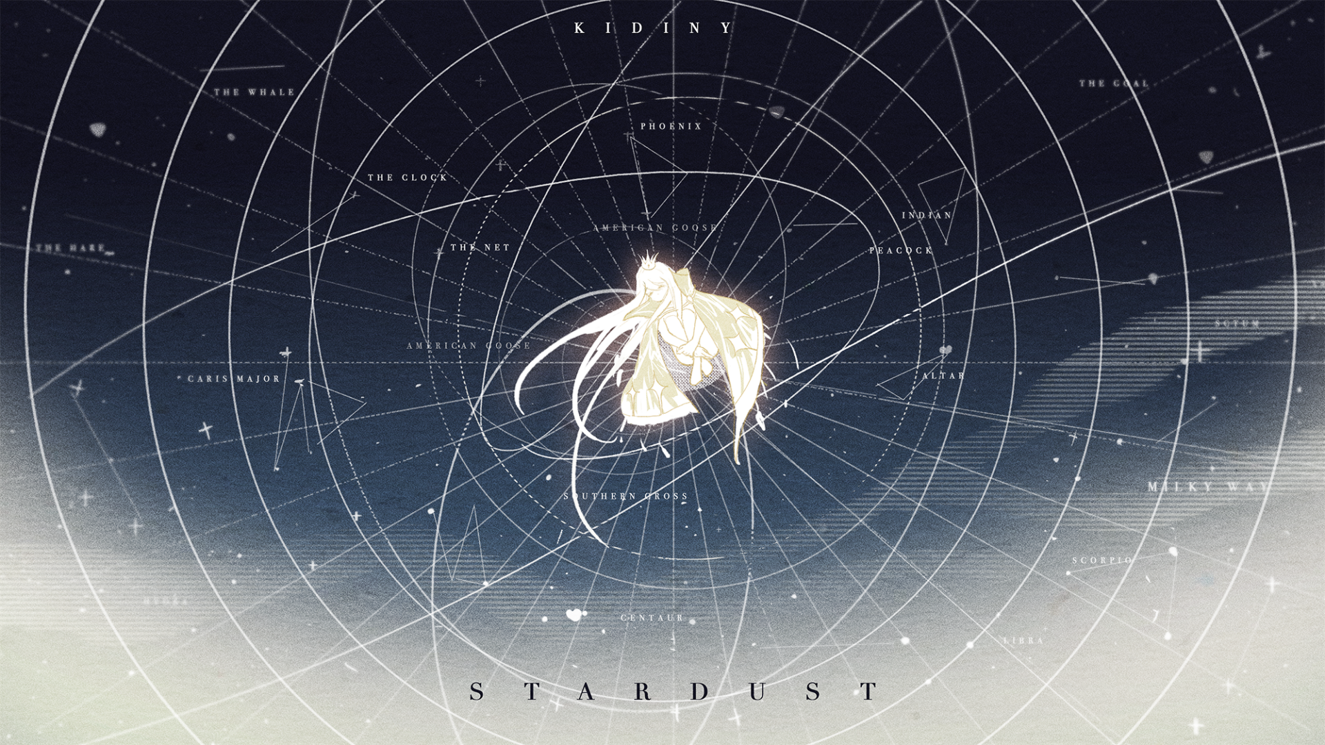 An original anime-style HD PC desktop wallpaper featuring a glowing figure at the center of concentric celestial rings against a starry night sky background.