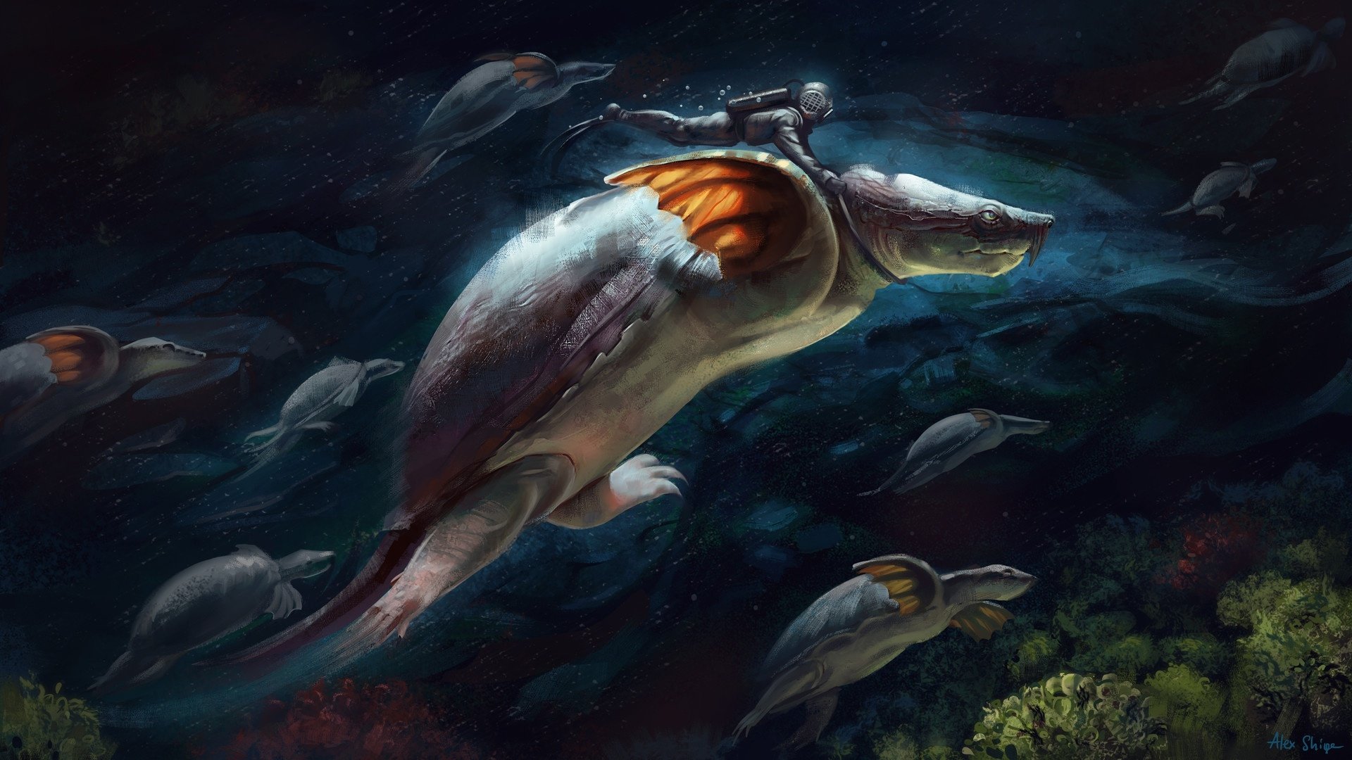 HD PC desktop wallpaper: scuba diver rides a giant bioluminescent fantasy whale-like animal among a school of similar fantasy animals in a dark, otherworldly sea.