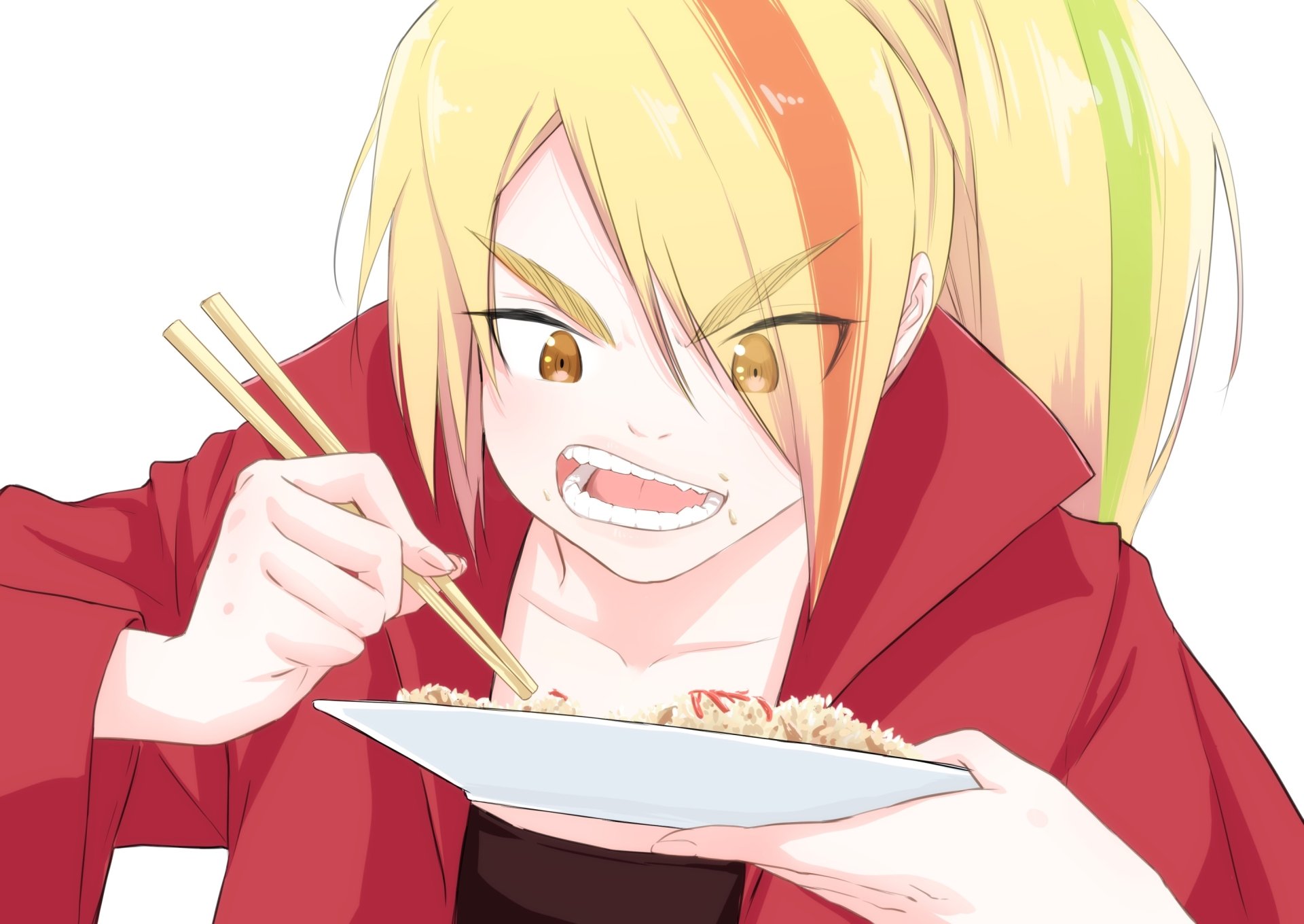 HD anime wallpaper featuring Saki Nikaidou from Zombie Land Saga, depicted eating with chopsticks in a dynamic and vibrant style.