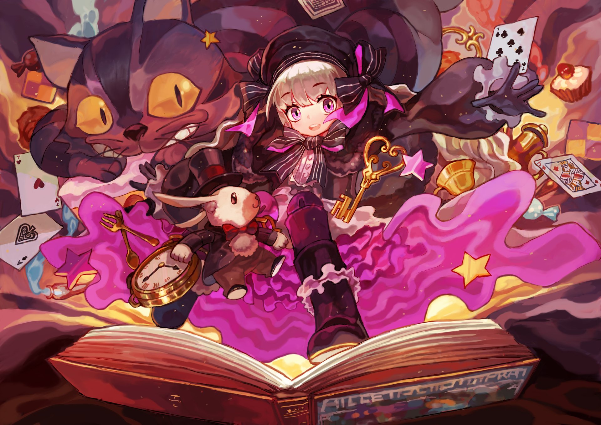 Anime-style Fate/Grand Order character surrounded by whimsical nursery rhyme elements, including a giant cat, playing cards, and a storybook, in vibrant 4K Ultra HD detail.