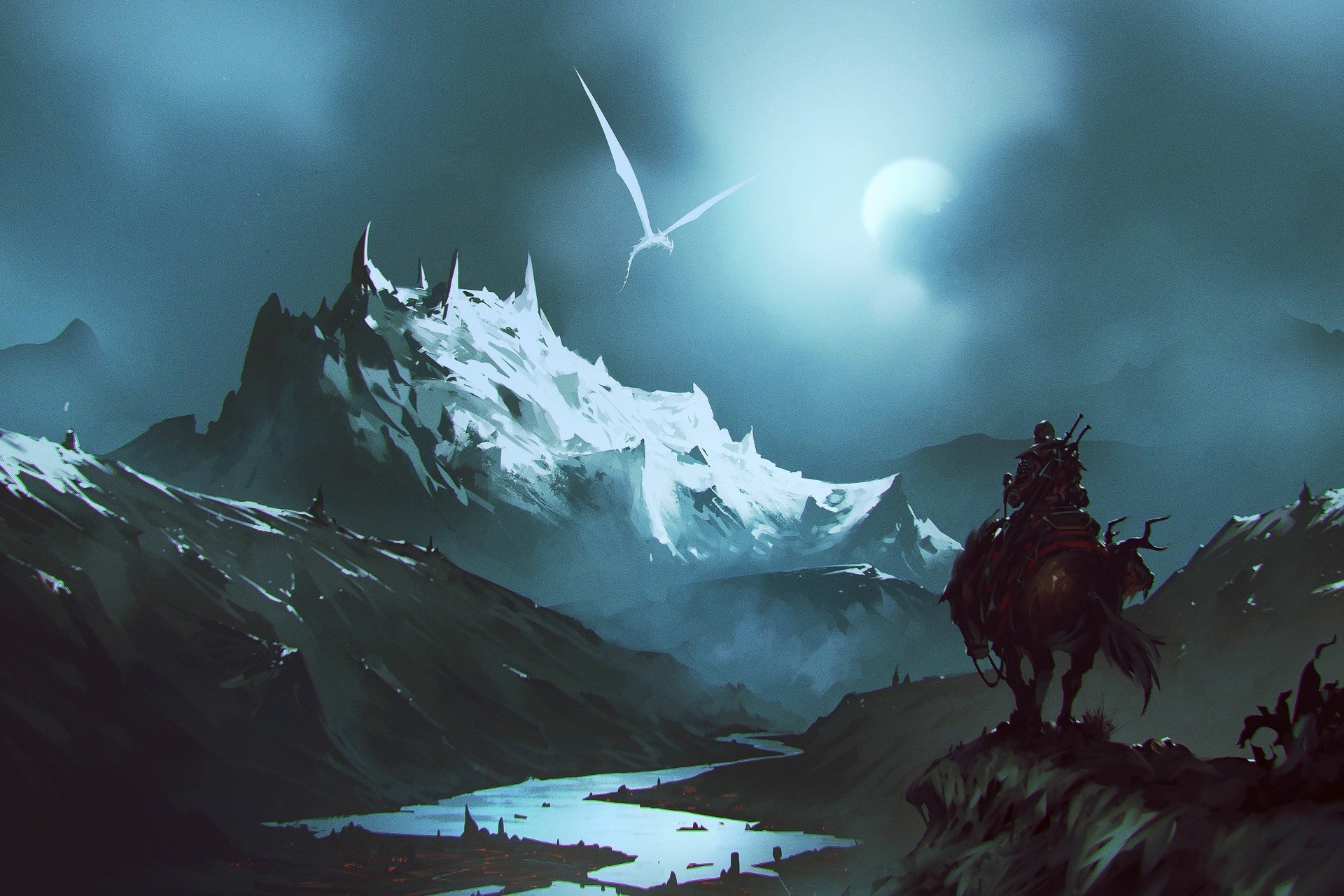 Fantasy Warrior and Dragon Overlook a Mystical Mountain Landscape – HD ...