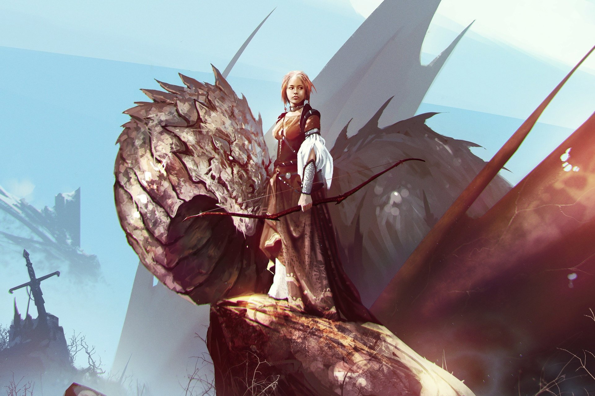 A fantasy HD PC wallpaper featuring a woman warrior archer standing with a bow beside a large dragon perched on rocky terrain.