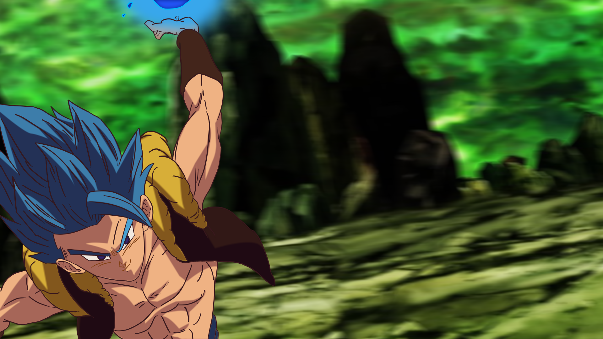 Gogeta in Super Saiyan Blue form from Dragon Ball Super: Broly, captured in dynamic anime style, set against a blurred green rocky background, rendered in 8K Ultra HD.