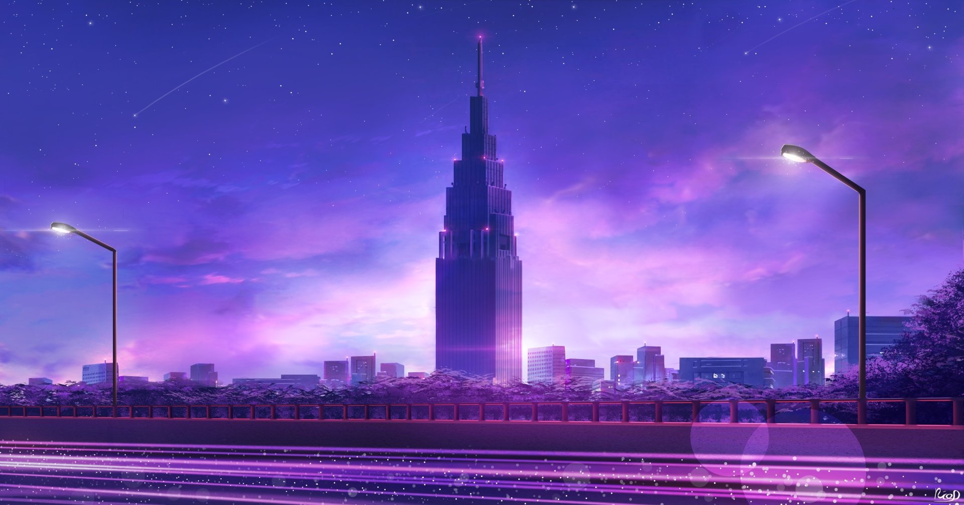 HD desktop wallpaper featuring an anime cityscape, with a towering central skyscraper framed by streetlights and a vibrant, purple-hued sky.