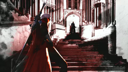 HD PC desktop wallpaper from Devil May Cry 4 featuring characters Vergil and Dante in a dramatic, gothic cathedral setting.