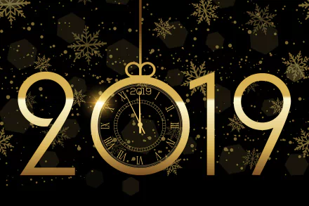 Gold clock and numbers 2019 with snowflakes on a black background, celebrating New Year 2019 in 4K Ultra HD PC desktop wallpaper style.