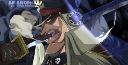 Shiliew (One Piece) anime: snarling swordsman with cigar, naval coat and skull emblem amid smoke and shadows — 2K Quad HD PC desktop wallpaper.