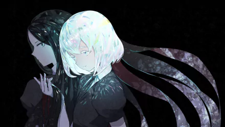 HD PC desktop wallpaper featuring anime characters Bort and Diamond from Land of the Lustrous, showcasing their distinct dark and iridescent designs against a black backdrop.