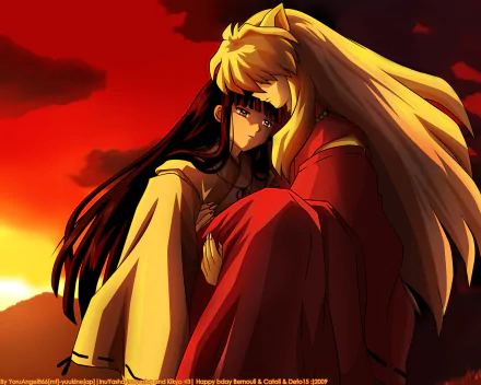 HD anime desktop wallpaper featuring InuYasha and Kikyô embracing against a vivid red and orange sunset background from the InuYasha series.