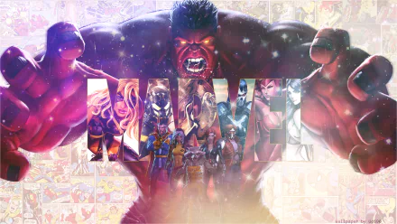 2K Marvel wallpaper: Red Hulk looming over a MARVEL logo filled with X-23, Phoenix/Jean Grey, Rocket Raccoon, Star-Lord, Doctor Strange, Captain Marvel, Black Widow, Rogue, Ms. Marvel, Scarlet Witch