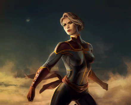 HD PC desktop wallpaper featuring Captain Marvel in her iconic suit against a dramatic, smoky background from the movie.