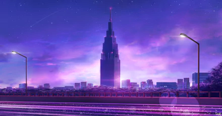 HD desktop wallpaper featuring an anime cityscape, with a towering central skyscraper framed by streetlights and a vibrant, purple-hued sky.