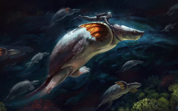 HD PC desktop wallpaper: scuba diver rides a giant bioluminescent fantasy whale-like animal among a school of similar fantasy animals in a dark, otherworldly sea.