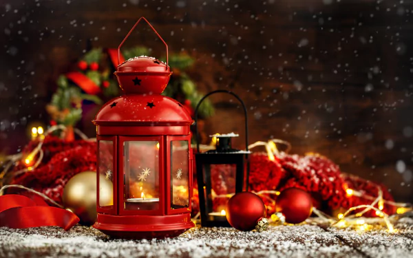 A festive 4K Ultra HD desktop wallpaper featuring a red Christmas bauble lantern amid holiday decorations and glowing string lights with a snowy backdrop.