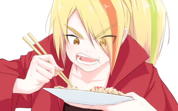 HD anime wallpaper featuring Saki Nikaidou from Zombie Land Saga, depicted eating with chopsticks in a dynamic and vibrant style.