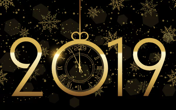 Gold clock and numbers 2019 with snowflakes on a black background, celebrating New Year 2019 in 4K Ultra HD PC desktop wallpaper style.