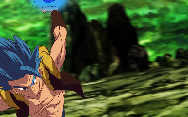 Gogeta in Super Saiyan Blue form from Dragon Ball Super: Broly, captured in dynamic anime style, set against a blurred green rocky background, rendered in 8K Ultra HD.