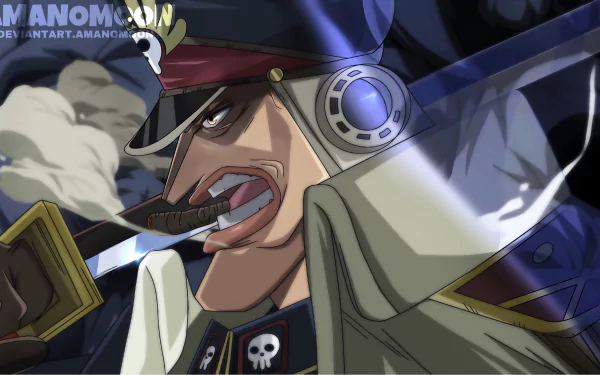 Shiliew (One Piece) anime: snarling swordsman with cigar, naval coat and skull emblem amid smoke and shadows — 2K Quad HD PC desktop wallpaper.