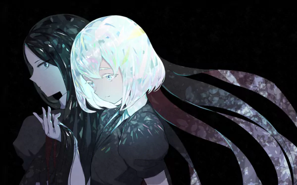 HD PC desktop wallpaper featuring anime characters Bort and Diamond from Land of the Lustrous, showcasing their distinct dark and iridescent designs against a black backdrop.