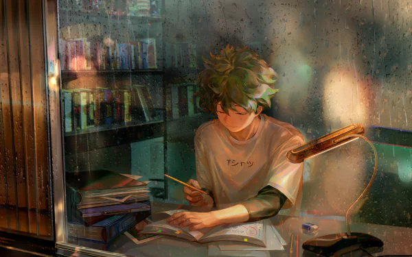 HD wallpaper featuring Izuku Midoriya from My Hero Academia, shown studying at a desk with a rainy window in the background. The setting conveys a focused and serene atmosphere.