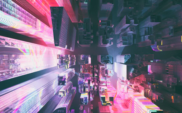 Futuristic HD desktop wallpaper featuring a neon-lit sci-fi cityscape with vibrant colors and towering buildings.
