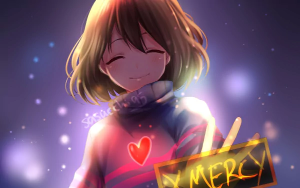 HD desktop wallpaper featuring Frisk from the video game Undertale holding a Mercy sign, with a glowing heart on their sweater, set against a softly lit background.
