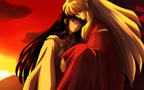 HD anime desktop wallpaper featuring InuYasha and Kikyô embracing against a vivid red and orange sunset background from the InuYasha series.