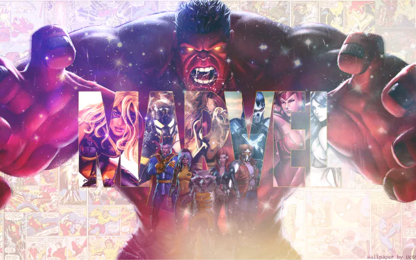 2K Marvel wallpaper: Red Hulk looming over a MARVEL logo filled with X-23, Phoenix/Jean Grey, Rocket Raccoon, Star-Lord, Doctor Strange, Captain Marvel, Black Widow, Rogue, Ms. Marvel, Scarlet Witch