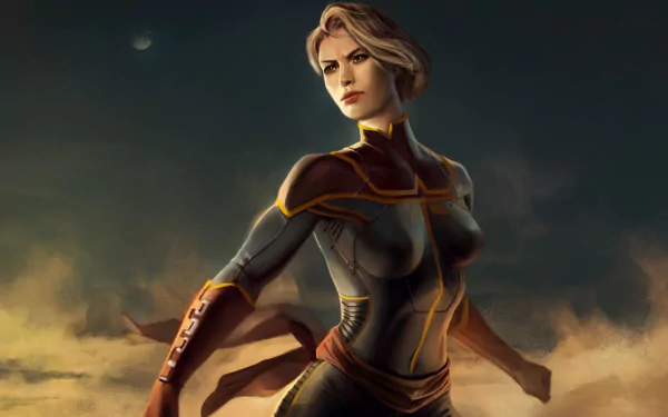 HD PC desktop wallpaper featuring Captain Marvel in her iconic suit against a dramatic, smoky background from the movie.