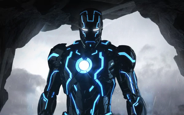 Comic-style Iron Man in a glowing blue and black suit stands inside a cave, shown in 4K Ultra HD for PC desktop wallpaper and background.