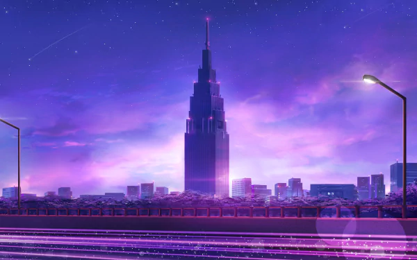 HD desktop wallpaper featuring an anime cityscape, with a towering central skyscraper framed by streetlights and a vibrant, purple-hued sky.