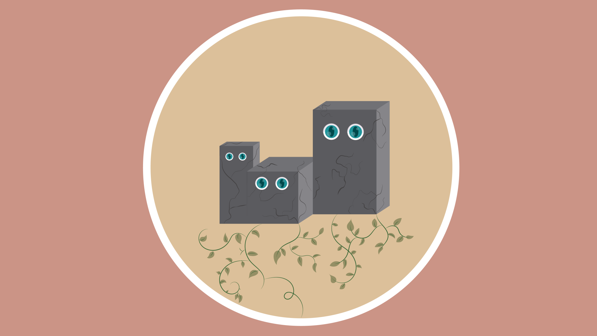 An artistic and abstract HD desktop wallpaper featuring three stone blocks with eyes and vines growing around them, set against a muted circular background.
