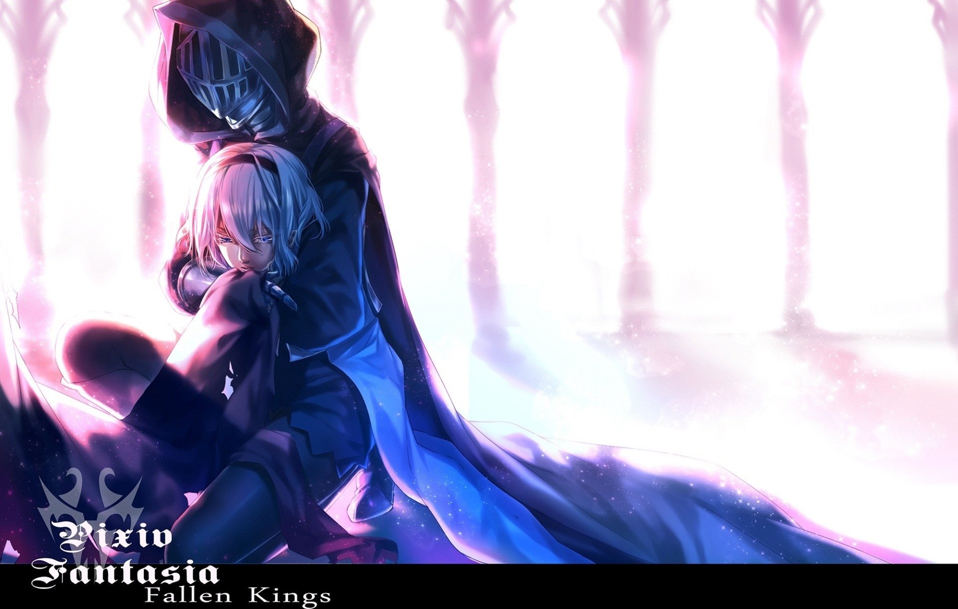 Anime art from Pixiv Fantasia Fallen Kings (Pixiv Fantasia FK): a cloaked knight embraces a silver-haired warrior before glowing pillars — HD PC desktop wallpaper/background