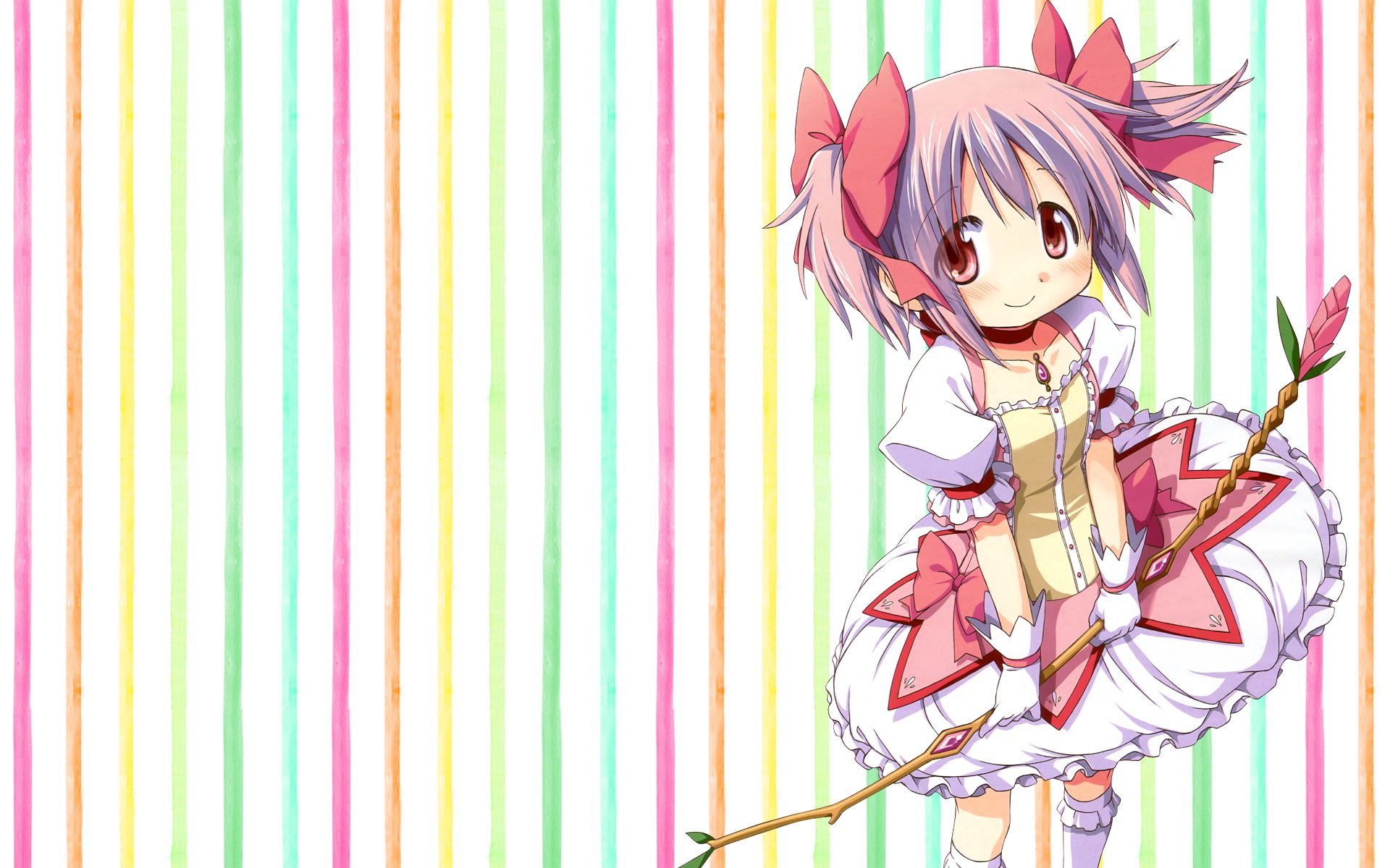 HD PC desktop wallpaper featuring Madoka Kaname from the anime Puella Magi Madoka Magica, standing with her magical bow against a colorful striped background.